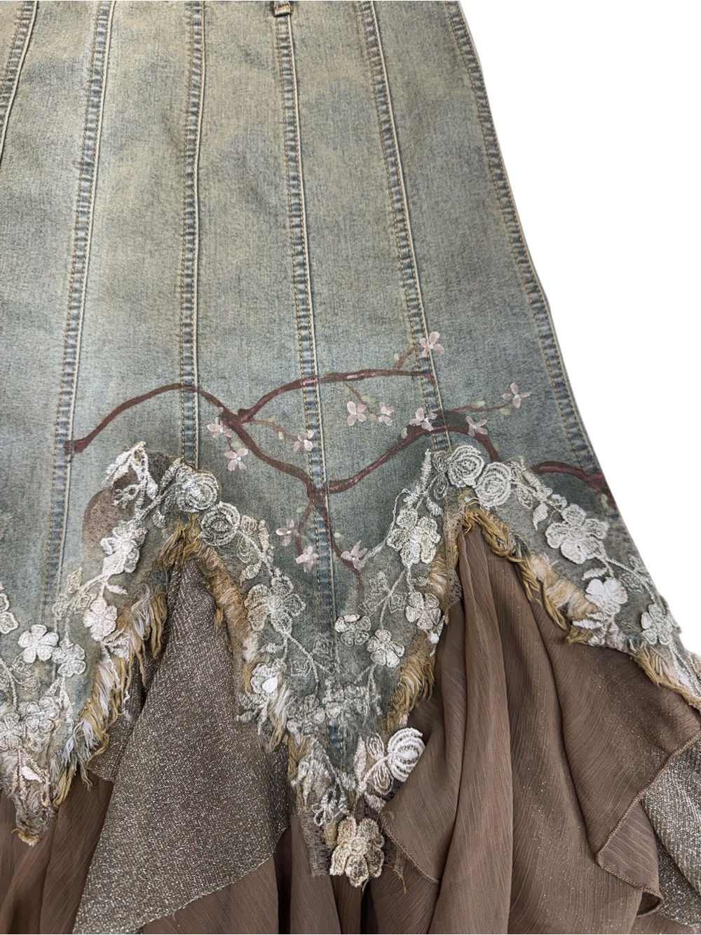 Layered Olive Green Asymmetrical Boho Midi Skirt - Picture 6 of 12